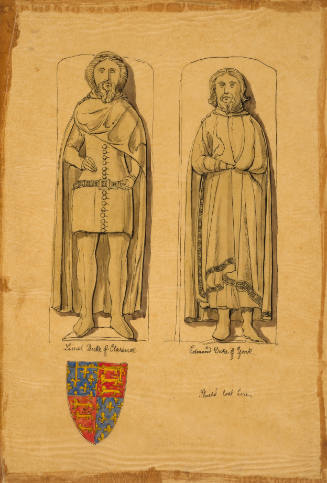 Winchester Cathedral, two figures from the 12 Sons and Daughters of King Edward III; Lionel, Duke of Clarence (with shield) and Edmund, Duke of York