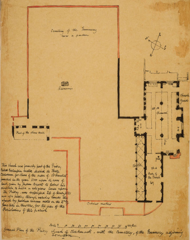 General Plan of the Priory Church of Clerkenwell, with the Cemetery, of the Nunnery adjoining London