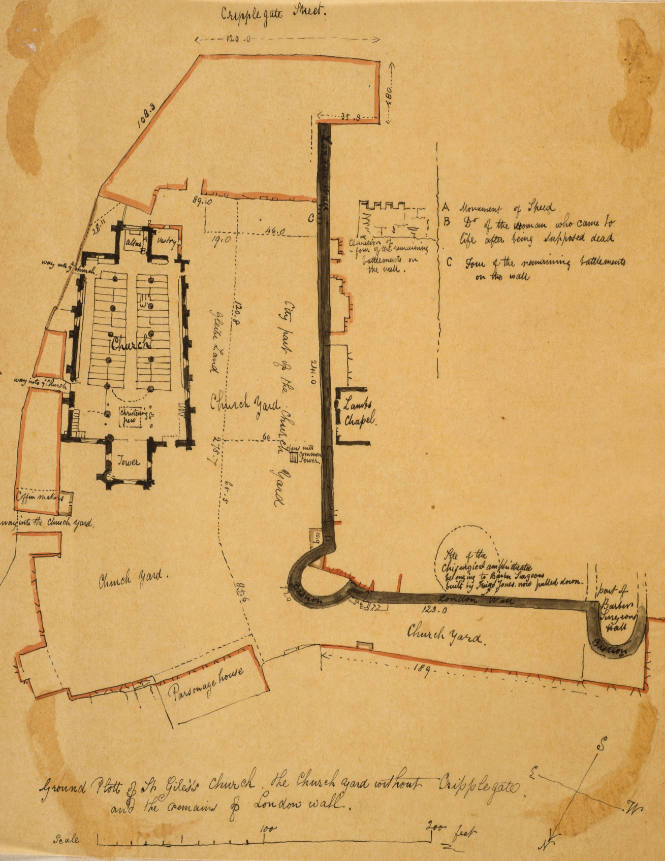 Ground plot of St. Giles Church. The Chuchyard without Cripplegate and the remains of  London Wall