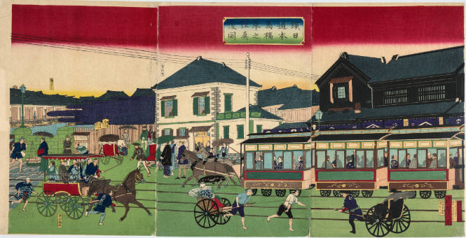 A Real View of Nihonbashi with Horse-Drawn Train