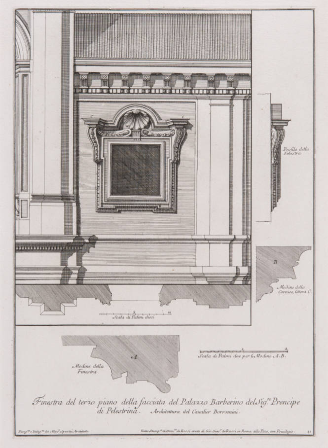 Finestra del terzo piano della facciata del Palazzo Barberino del Sig.re Prencipe di Pelestrina