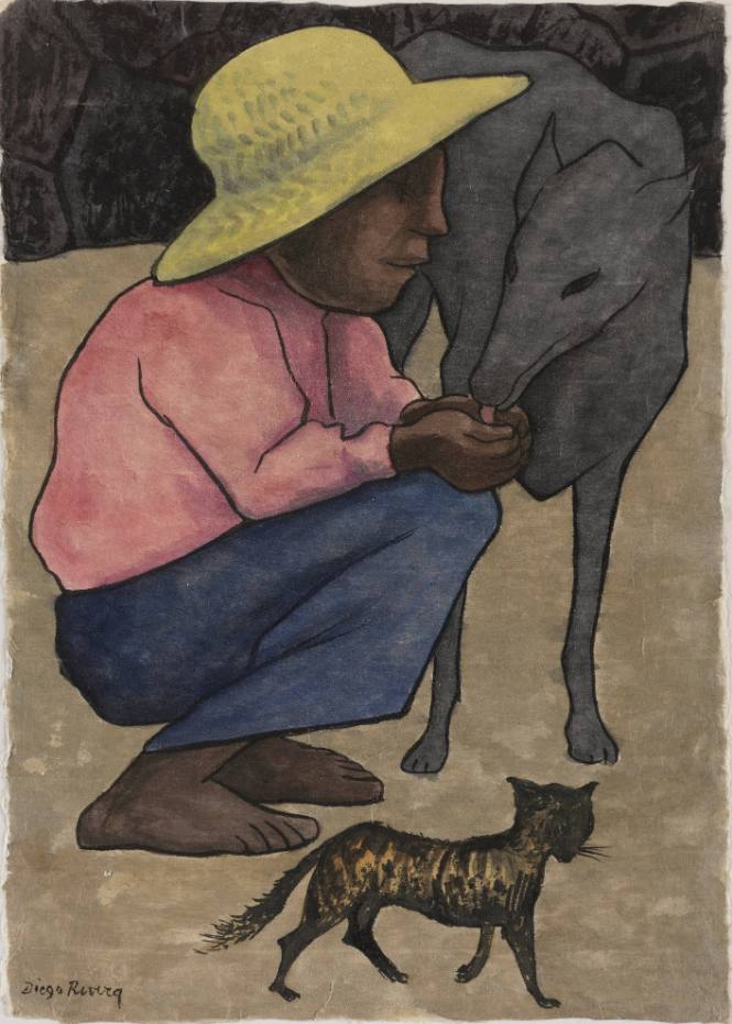 Crouching Boy Feeding Dog
