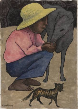 Crouching Boy Feeding Dog