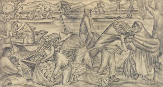 Fisherman and Farmworkers, final drawing for the ground floor panel of the mural, "The Industrialization of the Countryside,"  Mercado Abelardo L. Rodríguez Civic Center, Mexico City