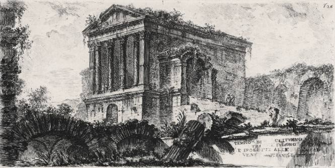 Plate 26: Temple of Clitumnus between Foligno and Spoleto... (Tempio di Clitumno tra Fuligno e Spoletti...), from "Alcune Vedute di Archi Trionfali ed altri monumenti inalzati da Romani parte di quali se veggono in Roma e parte per l'Italia" (Some Views of Triumphal Arches and other monuments erected by the Romans, some of which are in Rome and some elsewhere in Italy)